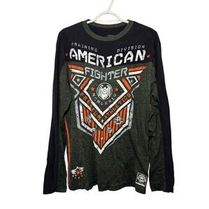 American Fighter Graphic Long‎ Sleeve Shirt Mens Large Y2K Grunge Casual Biker